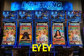 Una escena digital vívida inspirada en casino con EYEY mostrado prominentemente, luces brillantes, fichas, cartas y acentos dorados.