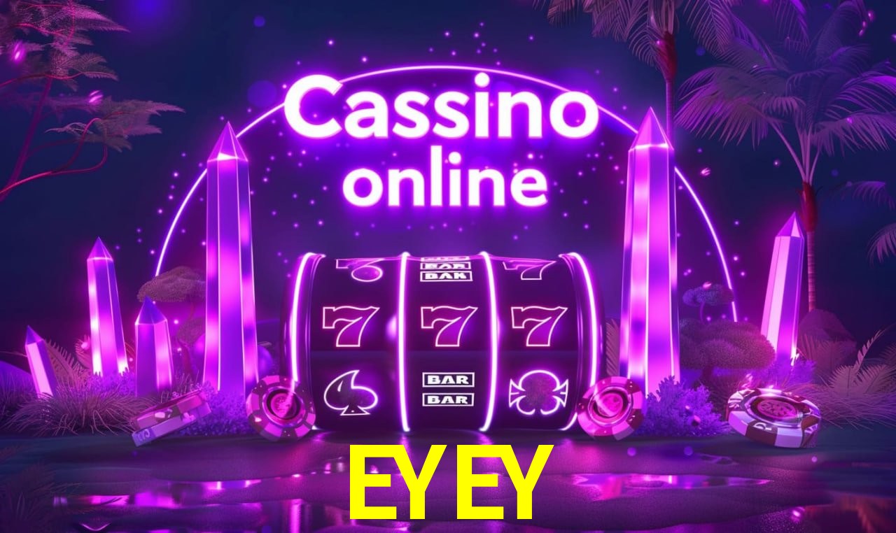 Escena dinámica inspirada en casino con iluminación EYEY, cartas, fichas e íconos de juegos digitales en un espacio moderno de juegos.