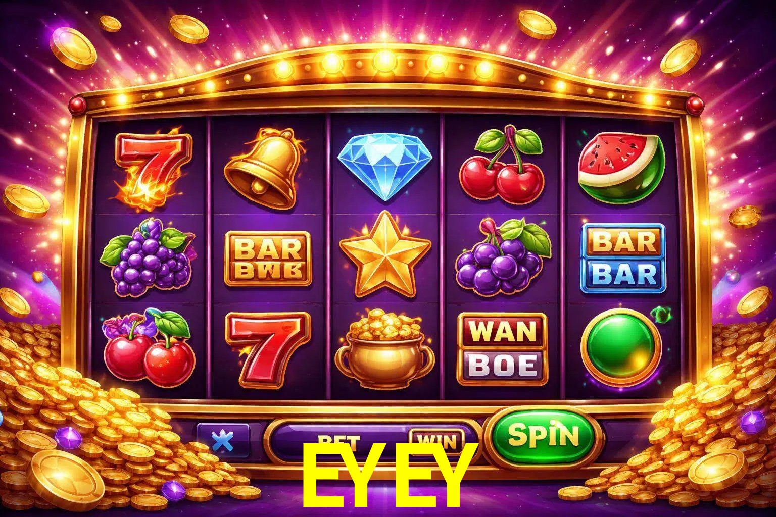 Una interfaz colorida de tragamonedas en línea con símbolos brillantes, monedas y un efecto de victoria celebratoria en EYEY.