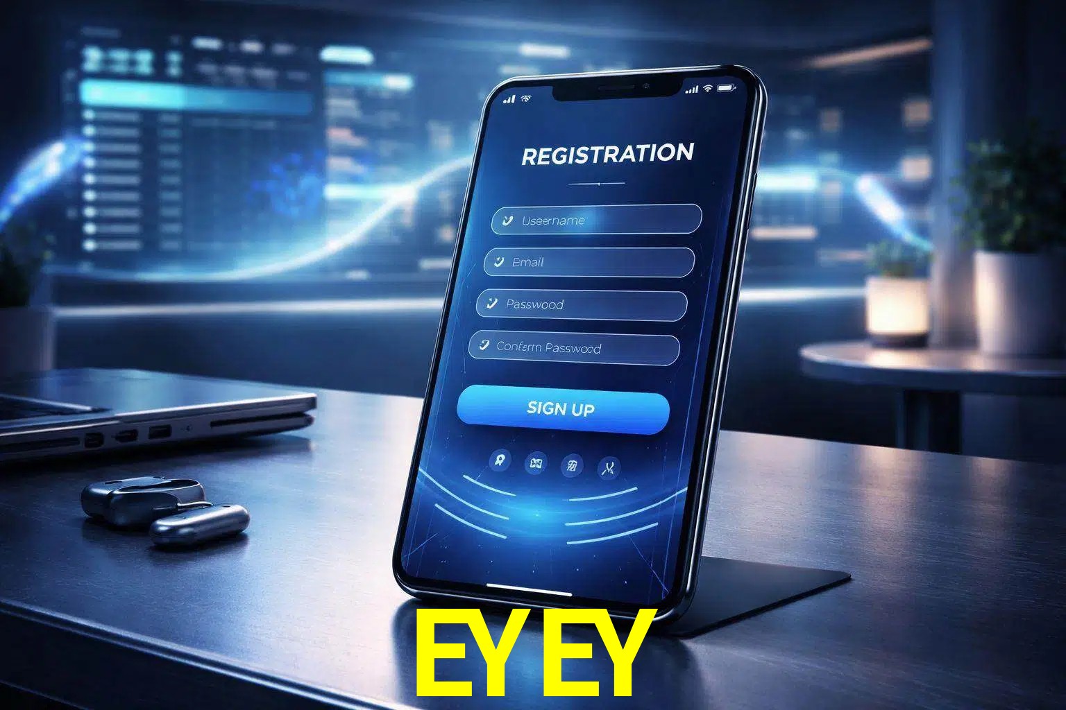 Una interfaz moderna de registro móvil para EYEY mostrada en un smartphone con un panel de apuestas elegante.